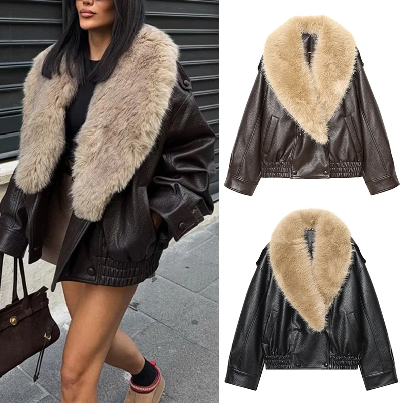 

Women's Jacket 2025 New Winter Long Sleeve Pebble Faux Leather Jacket Motorcycle Style Personality Fashion Detachable Fur Collar