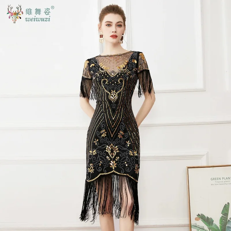 ヴィンテージボールプラスサイズスリムフィットスパンコールスタッズメッシュディープVネックドレス刺繍タッセル半袖ドレスカクテルパーティー