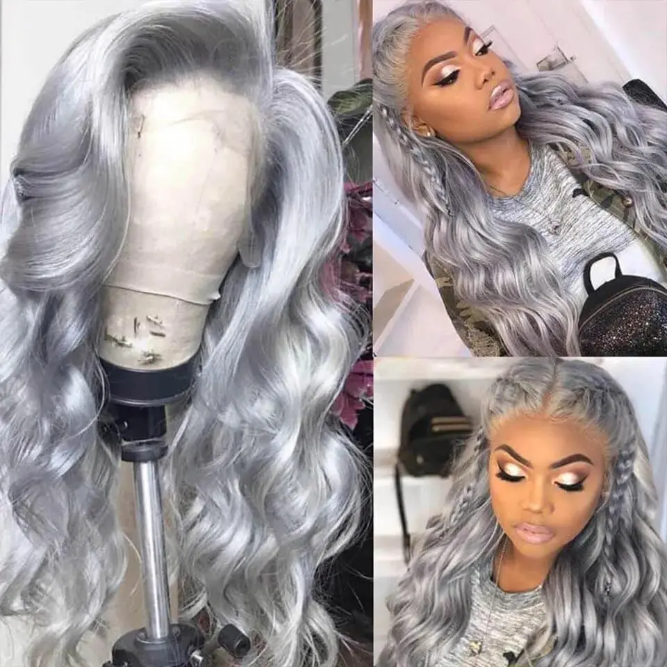 Silver Grey Colored Body Wave Human Hair Wigs 13*4 Lace Frontal Wig Transparent lace human Hair Wig Pre Plucked Natural Hairline