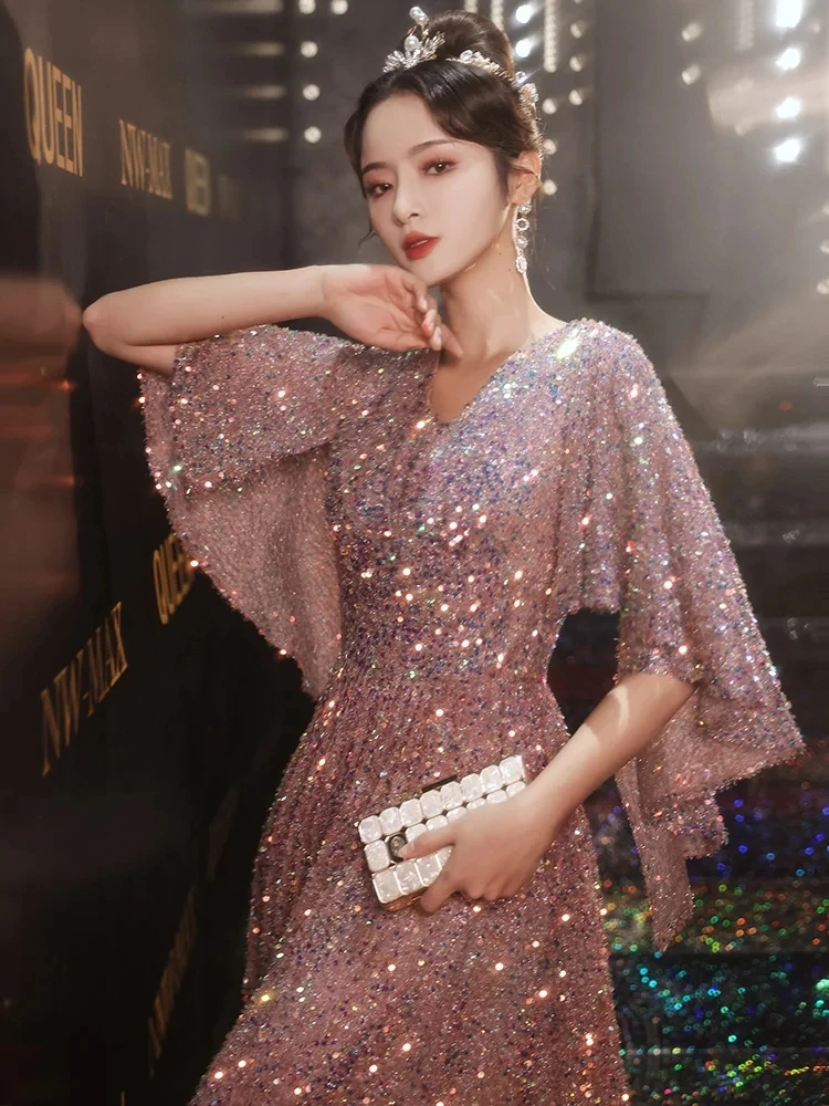 Shiny Sequin Women Evening Gowns Elegant V-Neck A-Line Floor-Length Pink Long Modest Formal Dresses For Wedding Party Dresses