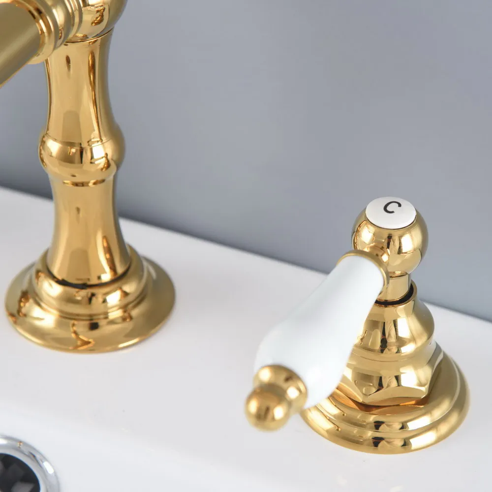 Imagem -02 - Gold Color Brass Widdifundido Dual Handle Faucet Lavatório do Banheiro Torneiras Misturadoras Deck Montado Furos Torneira Pia do Lavatório Anf982