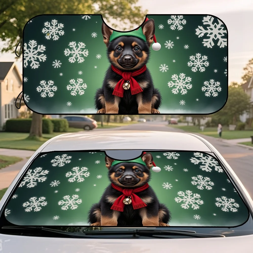 

1pc, Holiday-Themed Sunshade For Car Front Windshield, Featuring A Christmas German Shepherd Puppy Dressed As An Elf, Collapsibl