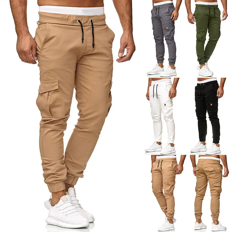 New Men's Multi-Pocket Tooling Casual Pants Tethered Slim Tie Pants