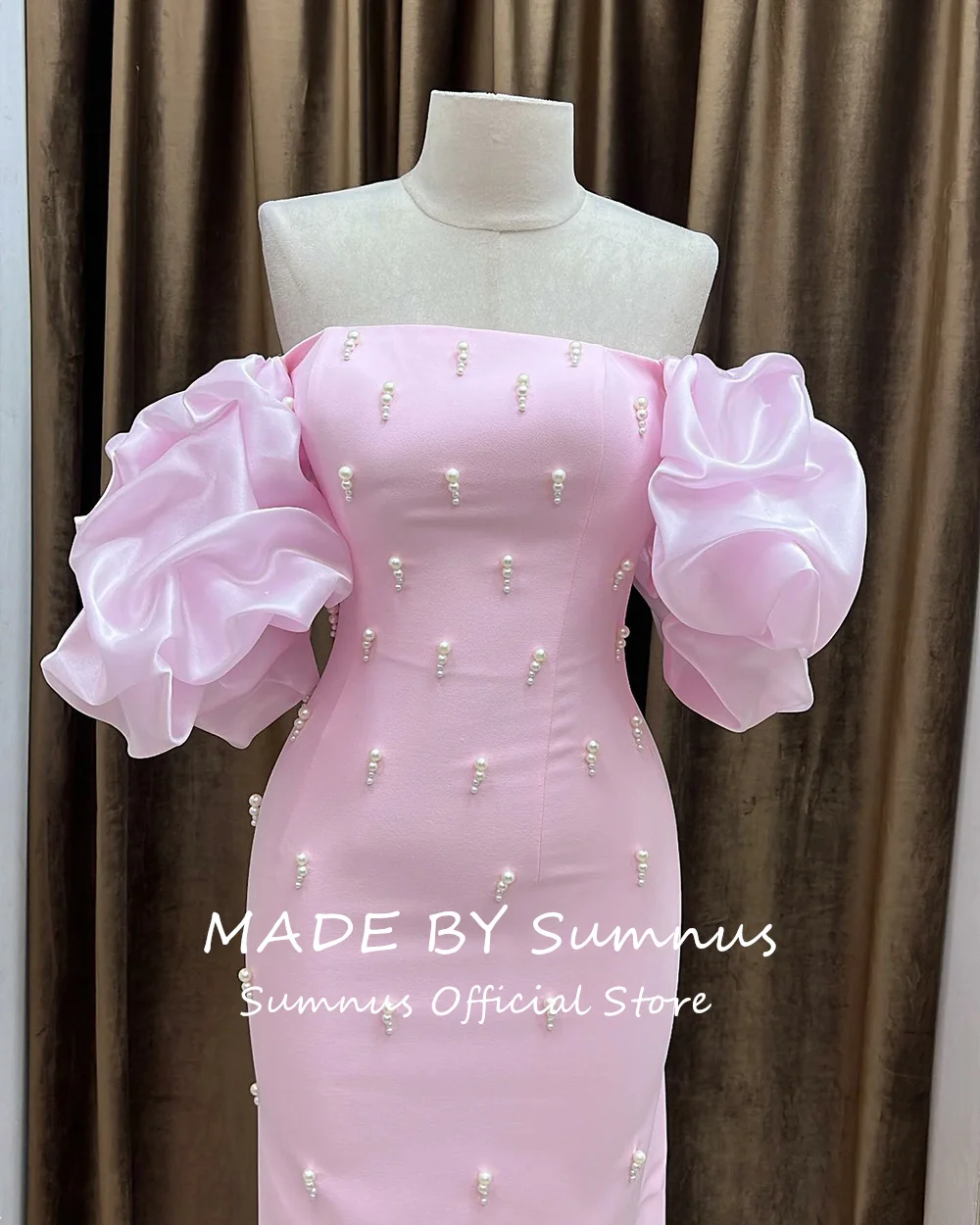 Sumnus Elegant Vintage Sweet Pink Crystal Beading Pearls Ruffle Customize Formal Occasion Prom Dress Evening Party Gowns