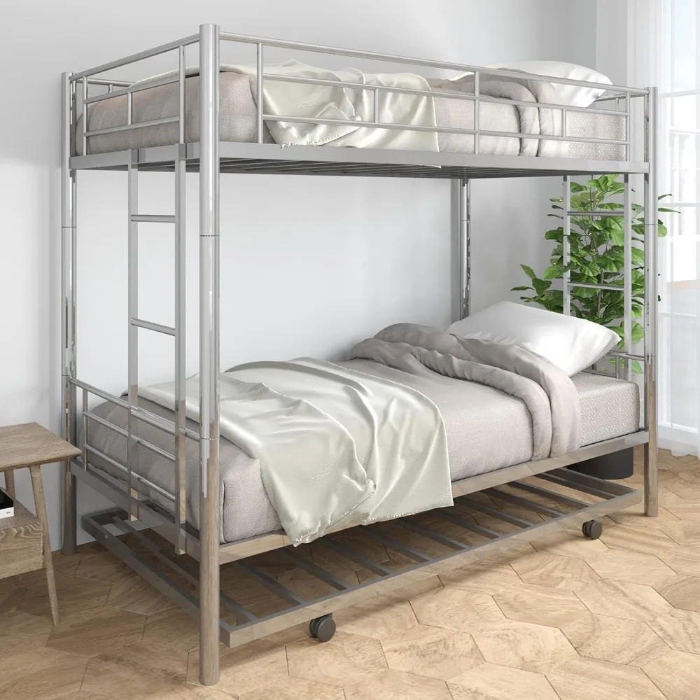 Metal Bunk Bed with Trundle ,Twin Over Twin Bunk Beds with Slats, Heavy Duty Bunkbed Frame for Adults,Teens,Boys and Girls