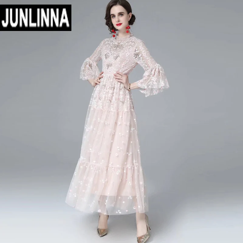 

JUNLINNA High Quality Party Evening Dress Fashion Elegant Mesh Embroidery and Beading Expansion Vestidos Flare Sleeve