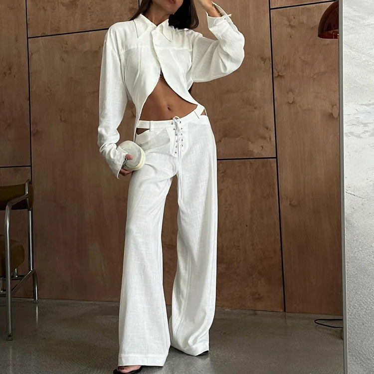 

Fashion Loose White Linen Women's Two Pieces Set 2024 Elegant Long Sleeve Shirt With Mid Waist Wide Pants Set Streetwear