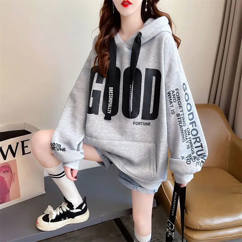 Fashion Loose Pockets Printed Letter Hooded Sweatshirts Female Clothing 2023 Winter Oversized All-match Tops Casual Sweatshirts