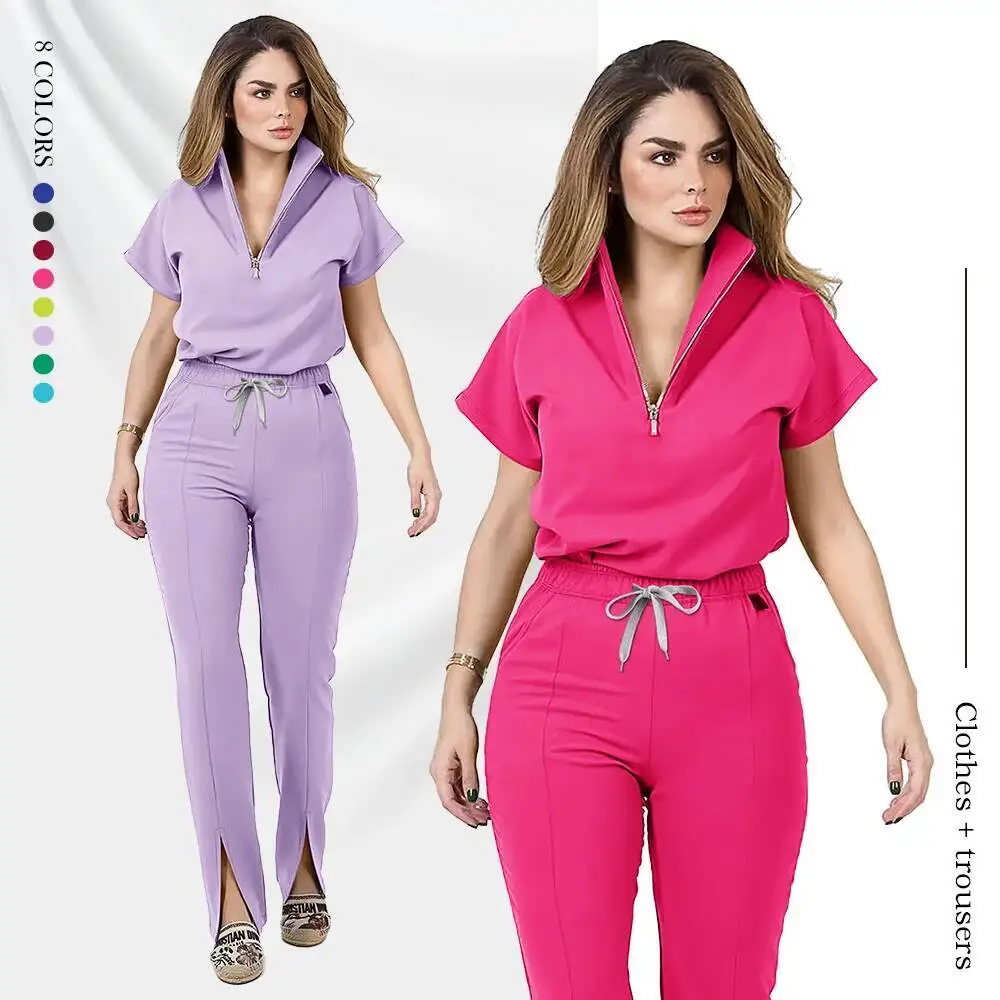 Ensemble de vêtements médicaux pour femmes, uniforme d'été avec fermeture éclair, haut et pantalon, vêtements d'hôpital, uniformes chirurgicaux avec poche, vente en gros