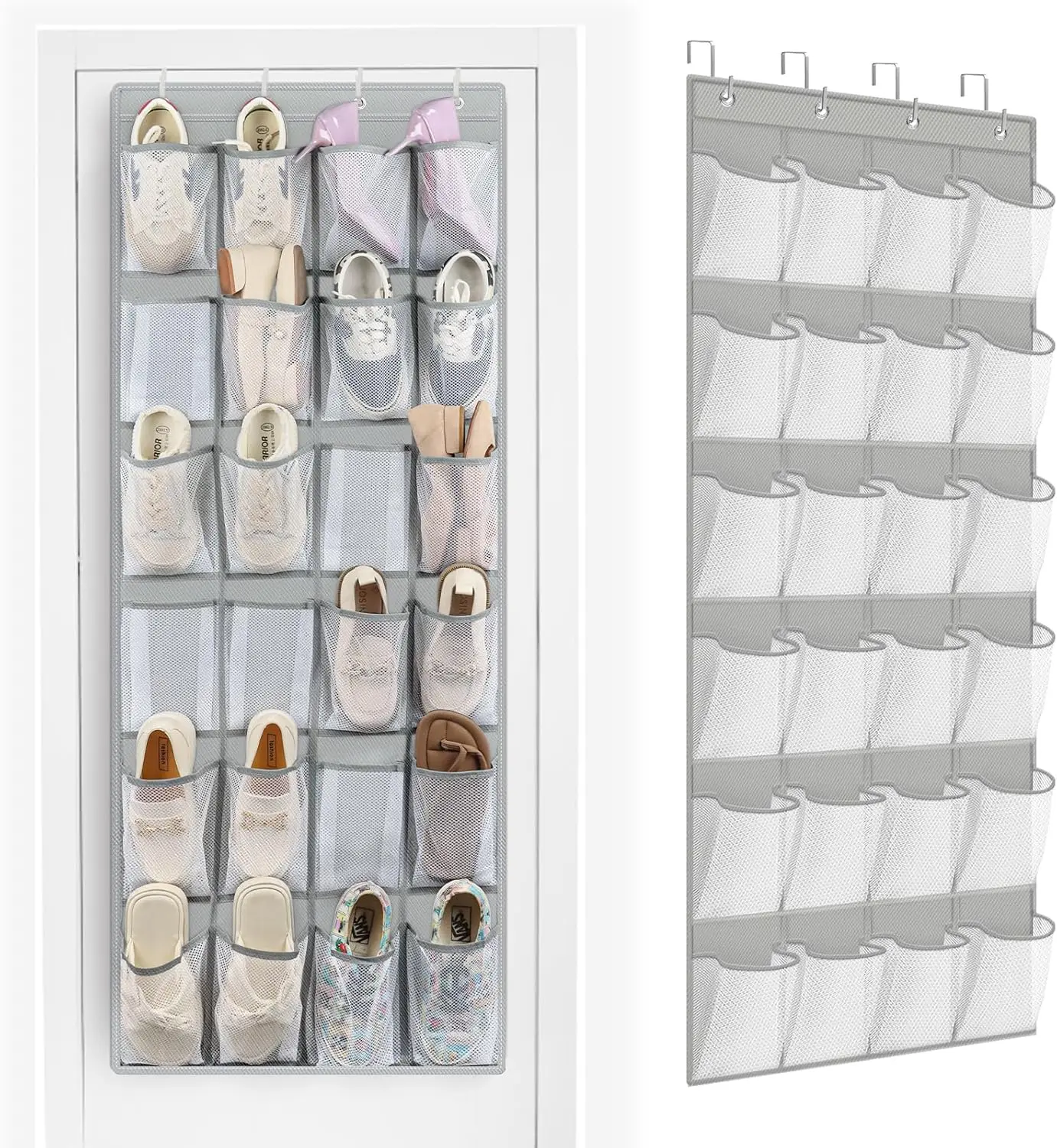Organisateur de chaussures au-dessus de la porte à 24 poches, rangement en maille peu encombrant pour placards et appartements, gris