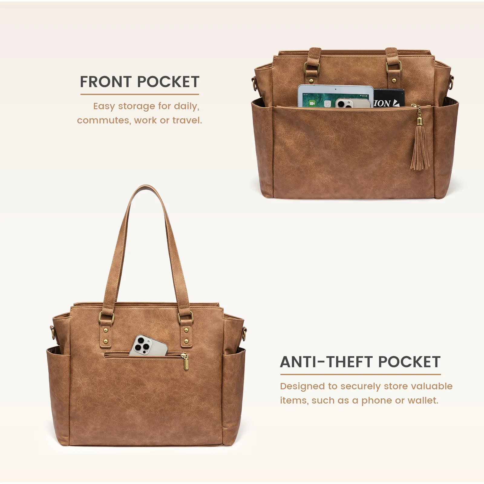 حقيبة كمبيوتر محمول للنساء مقاس 15.6 بوصة حقيبة عمل عتيقة مع حامل أكواب كبير، حقيبة مدرسية للكمبيوتر مقاومة للماء #5