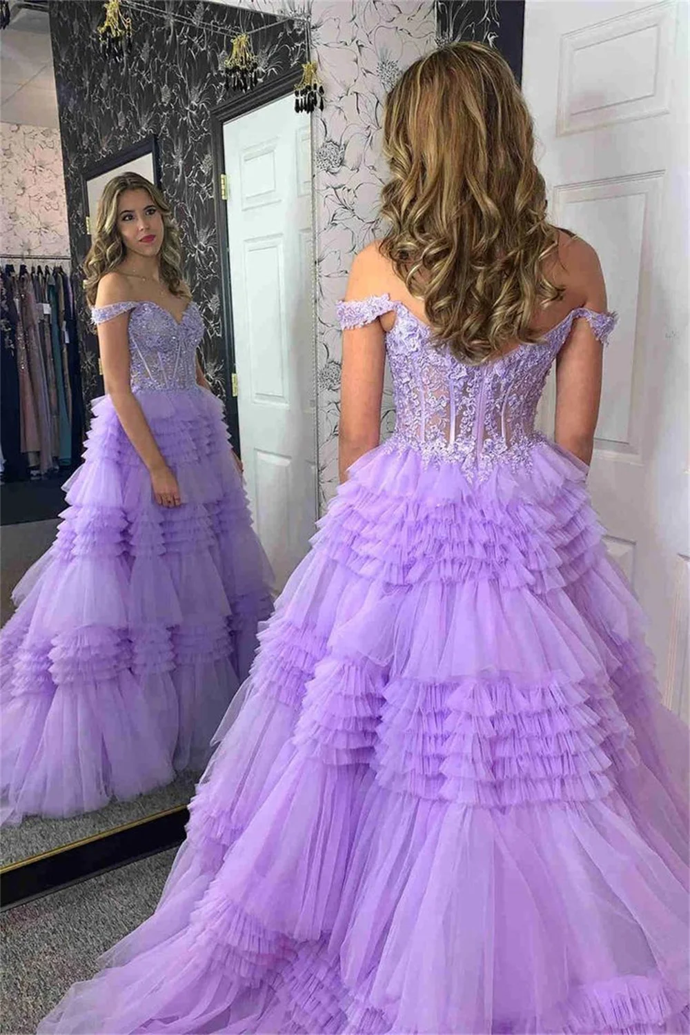 Sansa Spirit lavanda multistrato Vestidos De Noche Princess Spaghetti Strap muslimex Sweet Ball Gown abiti da ballo in pizzo