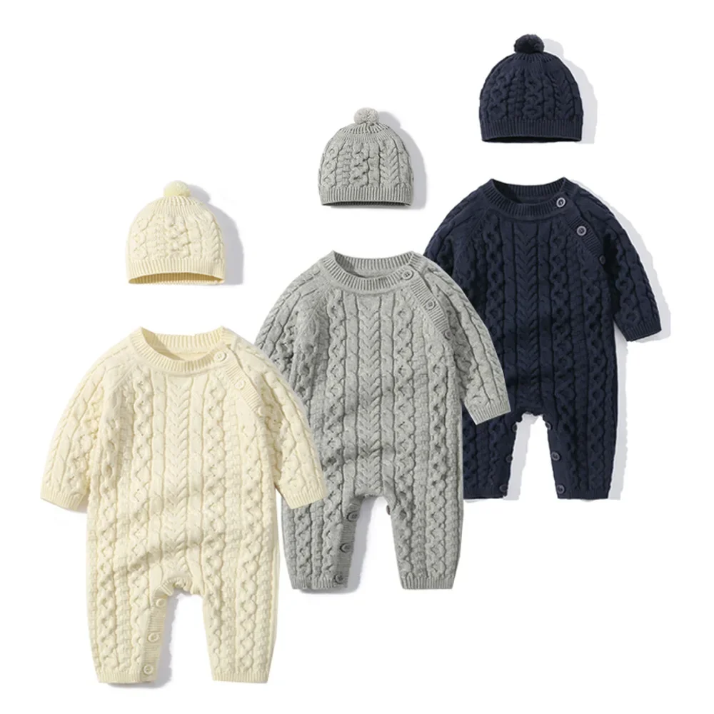 0-24M 100% Cotton Newbron Kid Baby Boy Girl Romper Sweater Winter Warm Clothes Long Sleeve Knit Thick Jumpsuit with Hat Outfit