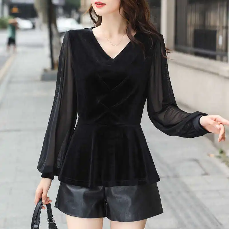 Fashion V-Neck Solid Color Spliced Folds Blouse Women\'s Clothing 2023 Spring New Loose Casual Pullovers All-match Korean Shirt