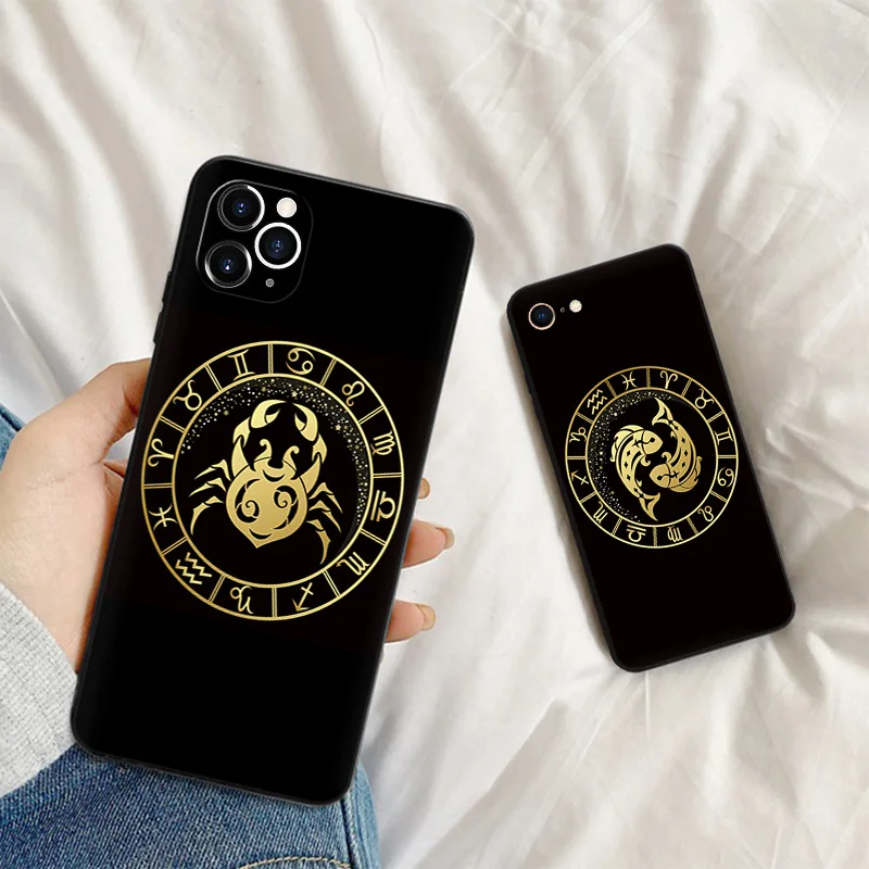 Black Matte Cell Phone Case For iphone 15 14 Pro Max Plus 8 7 11 13 Mini 6s X XS XR SE Soft 12 Zodiac Pisces Scorpio Aries Cover