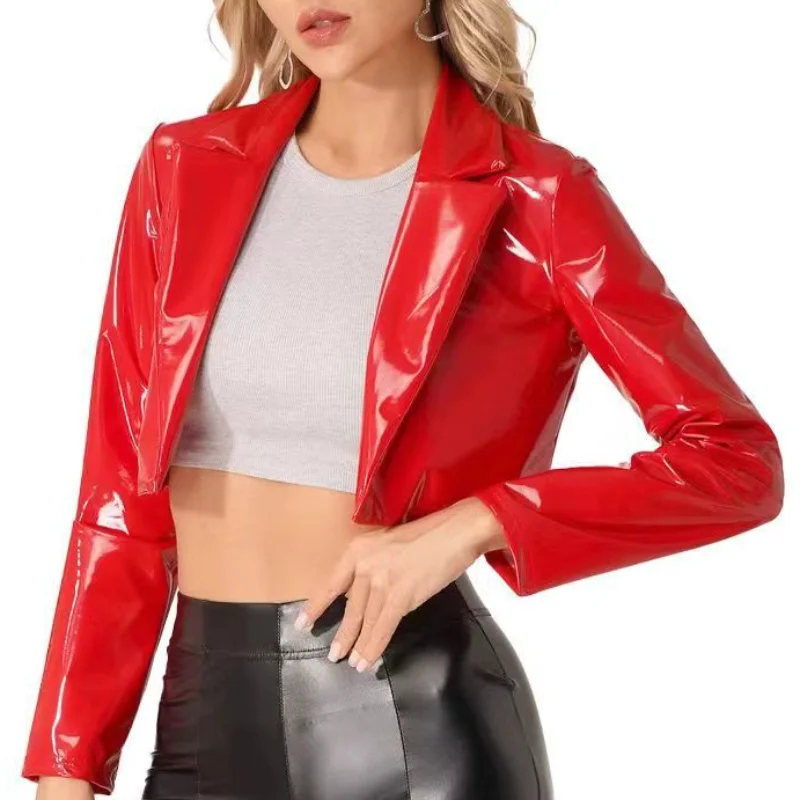 

Women's Fashion Turn down Collar Long Sleeve Cropped Leather Jacket Coat Black Red