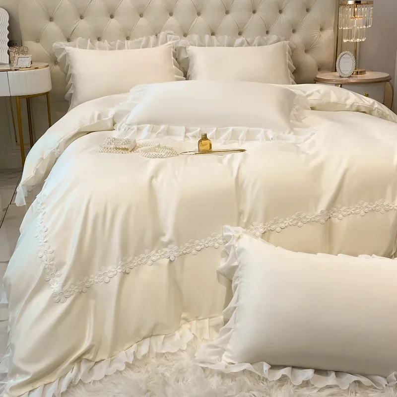 4PCS/set Lace Duvet Cover Set (1PC Duvet Cover, 1PC Bed Sheet, 2PCS Pillowcase),lace Bedding Set,for Girls Bedroom Gest Room