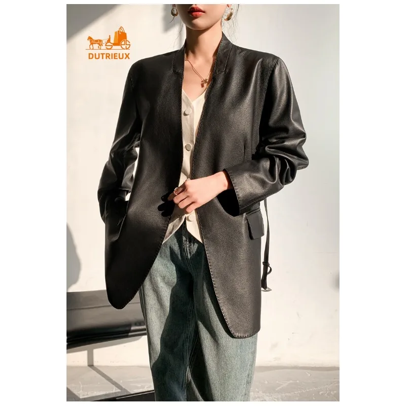 Autumn Women's Sheepskin Trench Coat Mid-length Suit Genuine Leather Jacket, 100% Genuine Sheepskin, Daily Casual Coat for Women