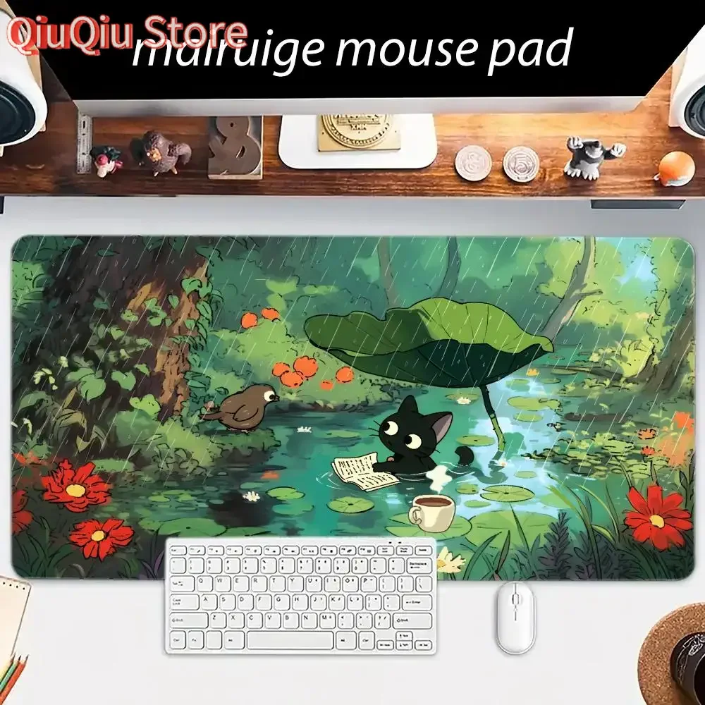 漫画風黒猫マウスパッド 大型コンピューターオフィスゲームテーブルマット XXL ラバー滑り止めステッチエッジキーボードマット ロングデスクパッド