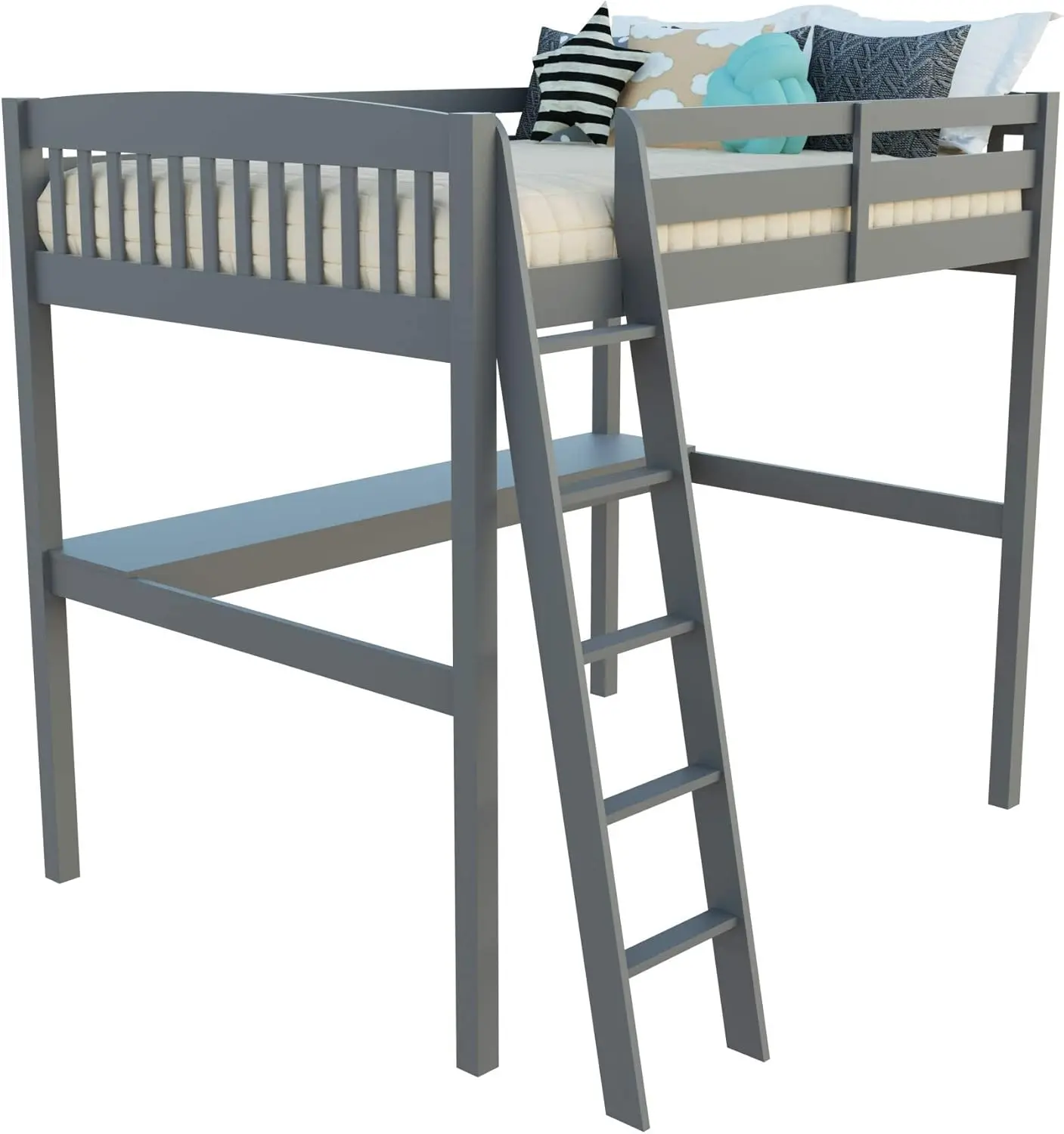 Everest Grey High Loft Bed with Desk and Storage, Heavy Duty Solid Wood Full Size Loft Bed Frame with Stairs for Kids and Toddle