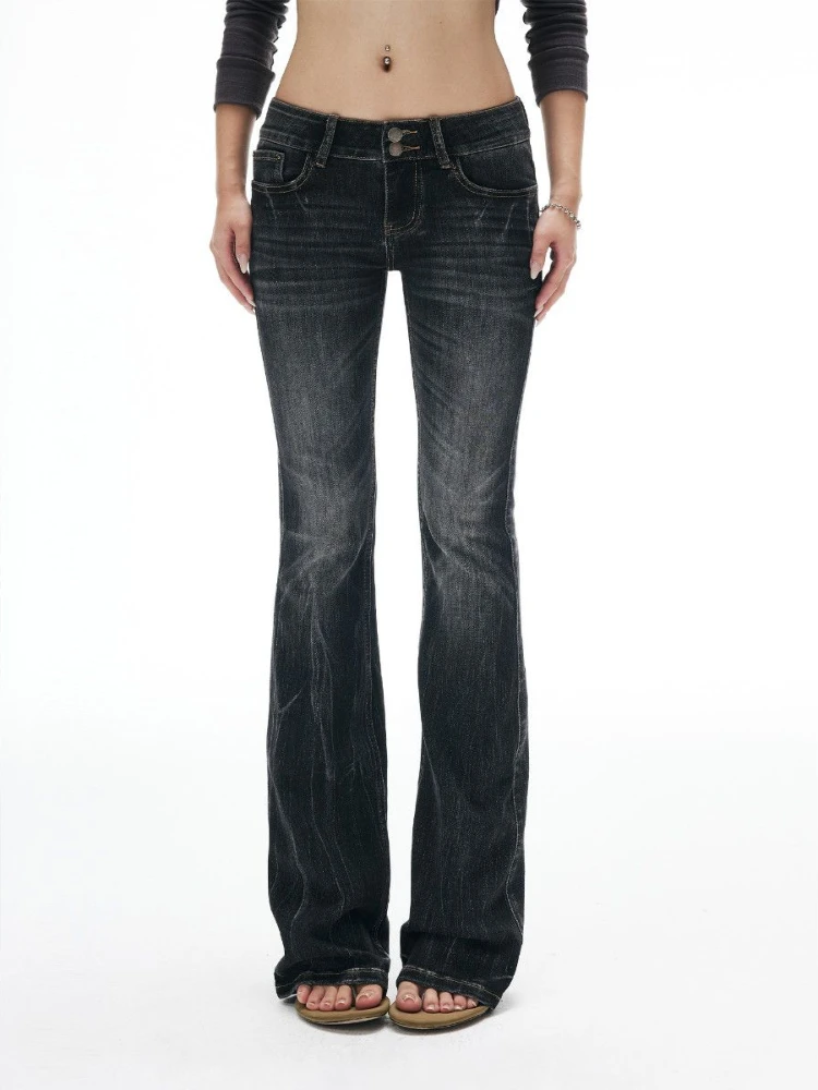 Moda textura retro otoño nueva industria pesada gradiente lavado agua patrón de relámpago elástico micro pantalones vaqueros acampanados para mujeres