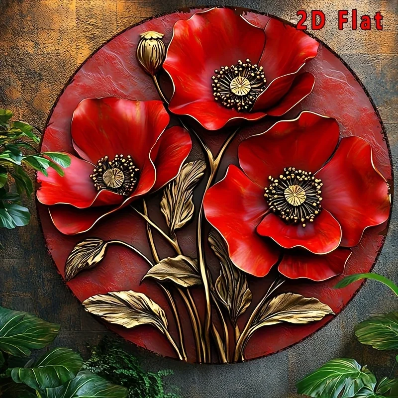 2D Flat,Aluminum Red Poppy Flower Aluminum Metal Sign,  High Bending Resistance, Office Coffee Cafe Wall Decor Durable Material