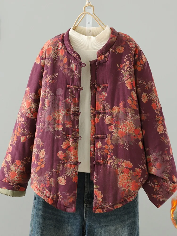 

Утепленная хлопковая женская куртка с цветочным принтом, зимняя теплая верхняя одежда из льна и хлопка, новое китайское пальто на пуговицах, художественный дизайн