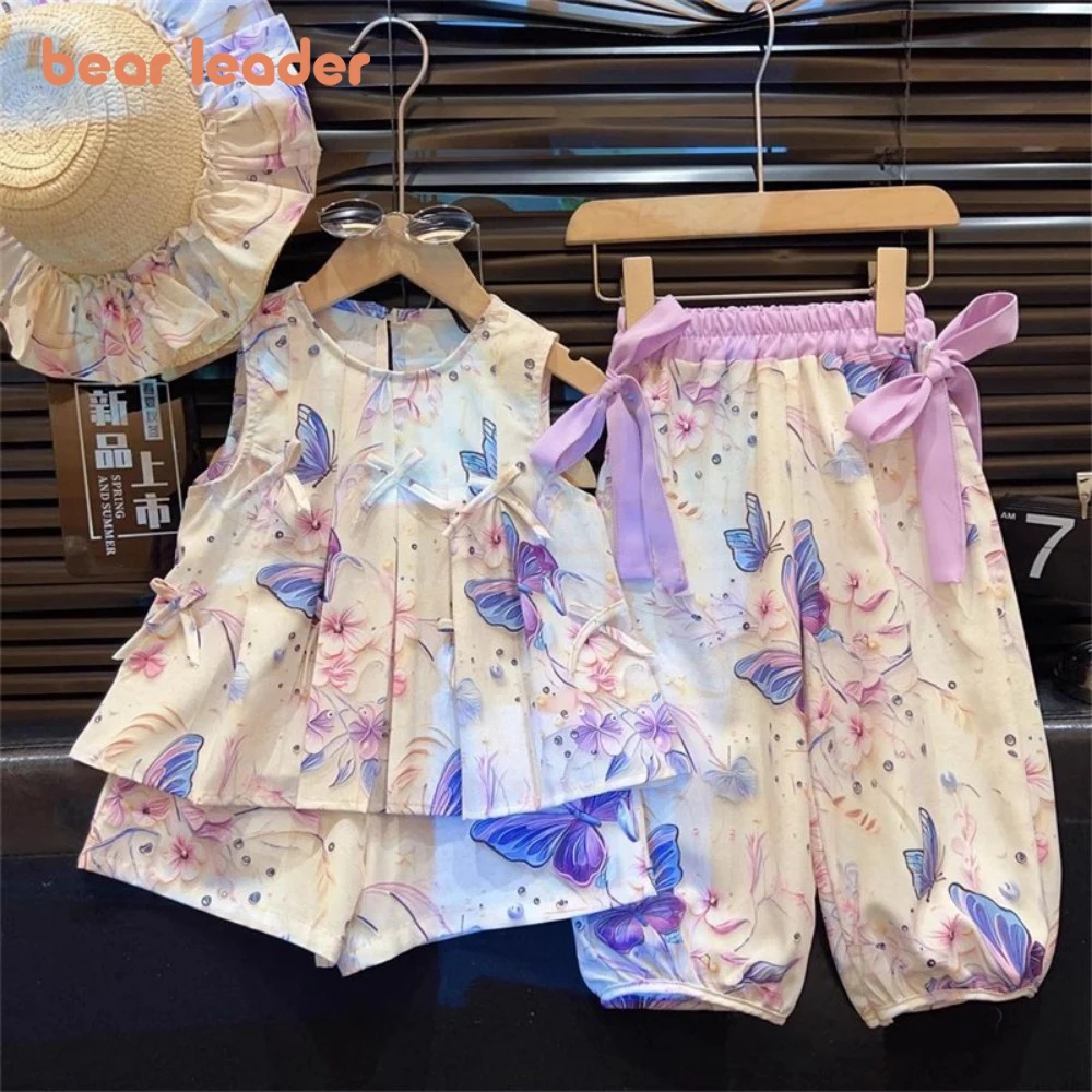 Bear Leader 2024 Summer New Cute Girls' Set Beige Butterfly Printed Round Neck Tank Top+ Shorts+Pants+Hat 3-Piece Set Comes