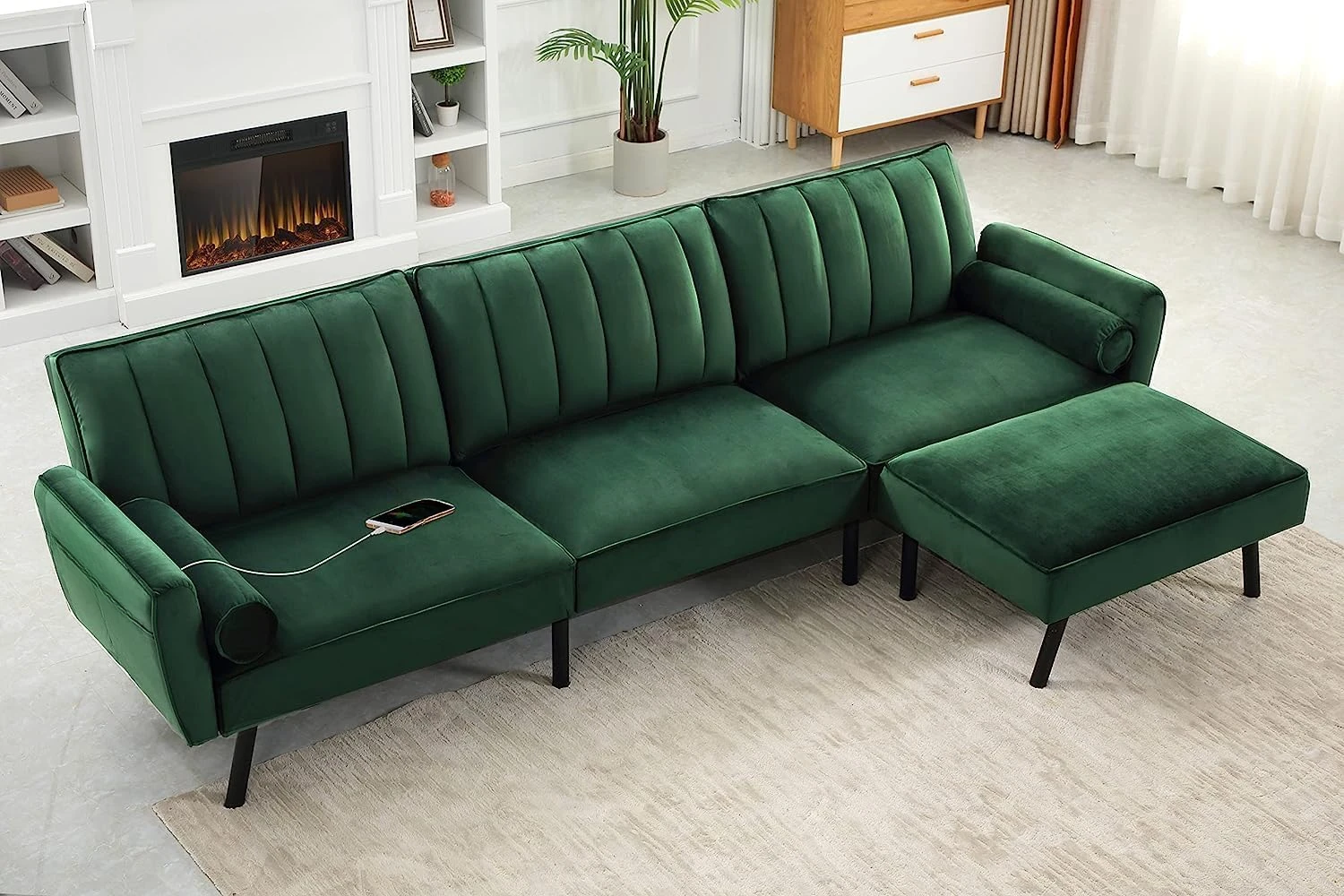 Velvet Sectional Convertible Sofa with Chaise, 106.5