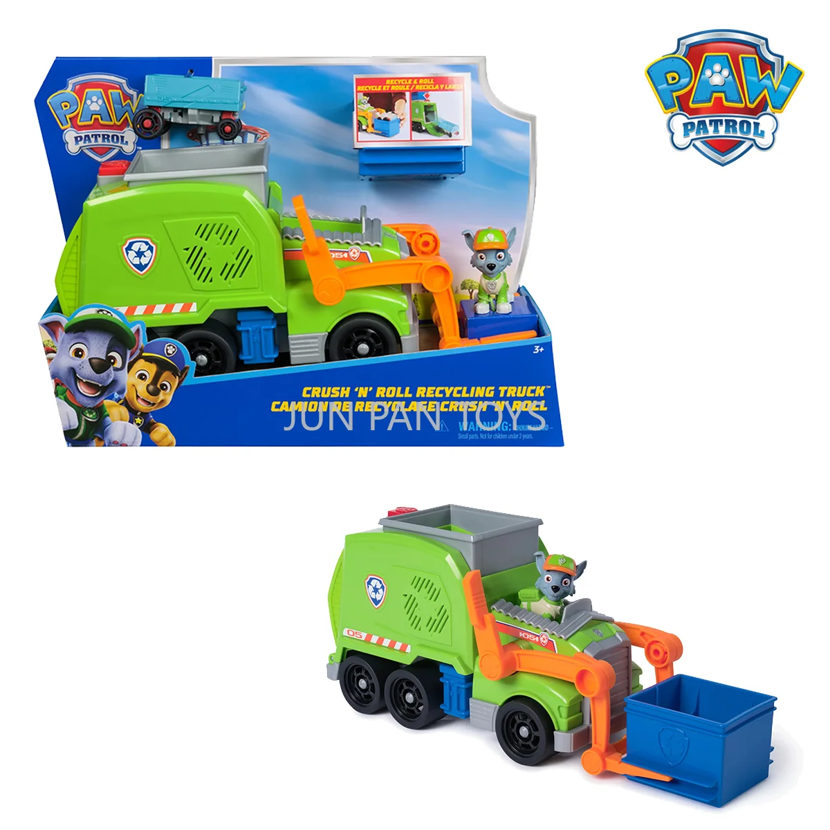 Original Paw Patrol Crush N' Roll camión de reciclaje modelo 5cm Rocky Pup figura de acción niños regalo de Navidad juguetes coleccionables para niños