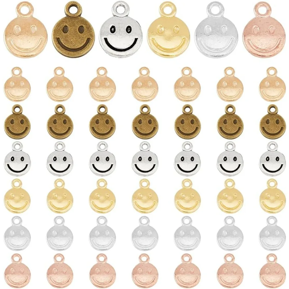 180Pcs 6 Colors Smile Face Charms Antique Bronze/Golden/Silver Flat Round Pendants Tiny Hollow Teardrop Charms Alloy Jewelry