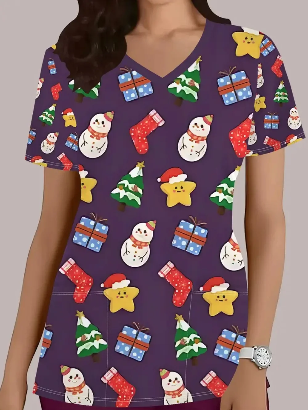 Nurse Uniform Woman Cute Cartoon Print Veterinary Uniform Summer Quick-Dry V-Neck Short Sleeve with Pockets Tops Women's Scrub