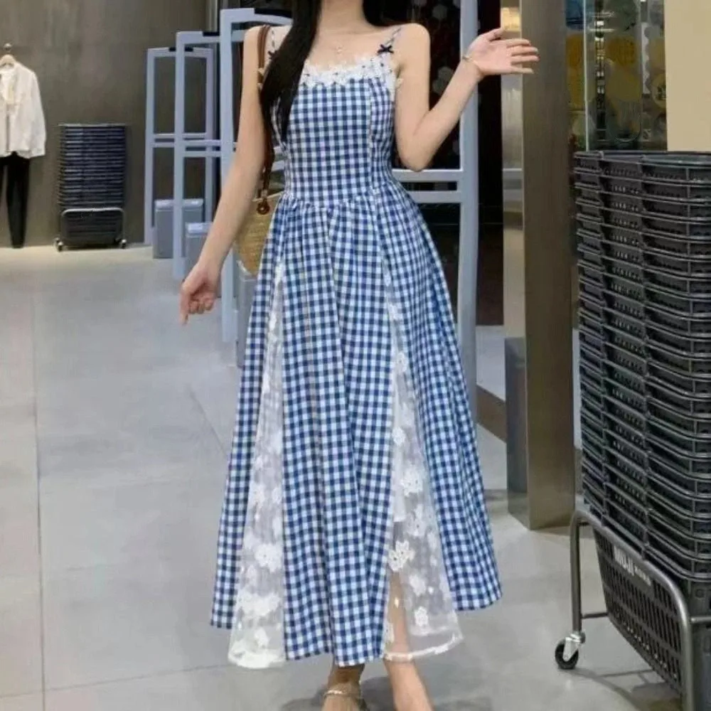 

Fashion Plaid Girl Princess Dress Loose Sweet Teens Sling Dress Lace Mesh Skirt Children Sleeveless Dresses Birthday