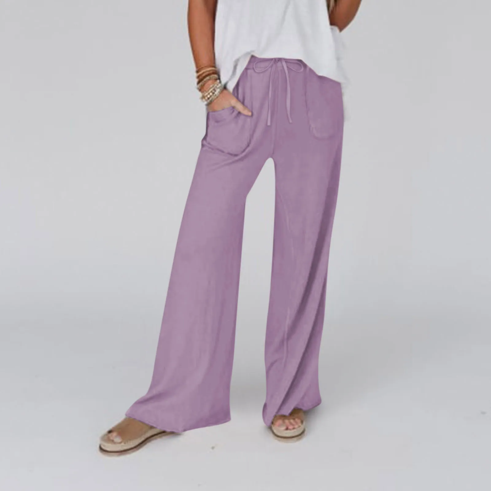

Women's Loose Pants Cotton Linen Solid Color Wide Leg Pants Solid Summer Ladies Retro Straight Leg Trousers Drawstring Pants