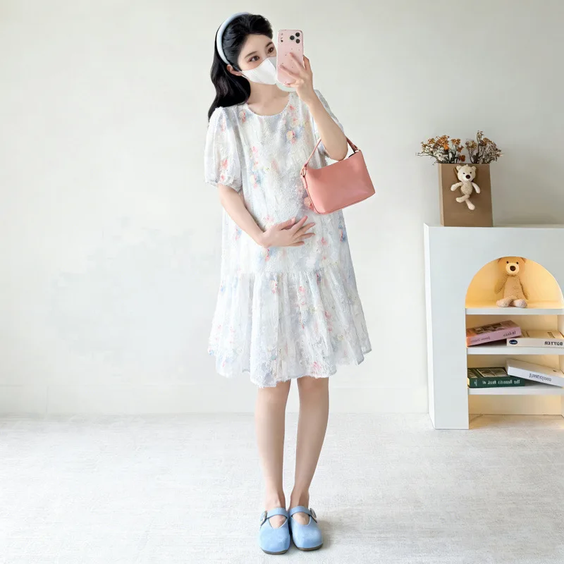

Maternity Dress Summer Puff Sleeve Flower Embroidery Gentle Temperament Dress for Pregnant Women 2026 Loose Comfortable