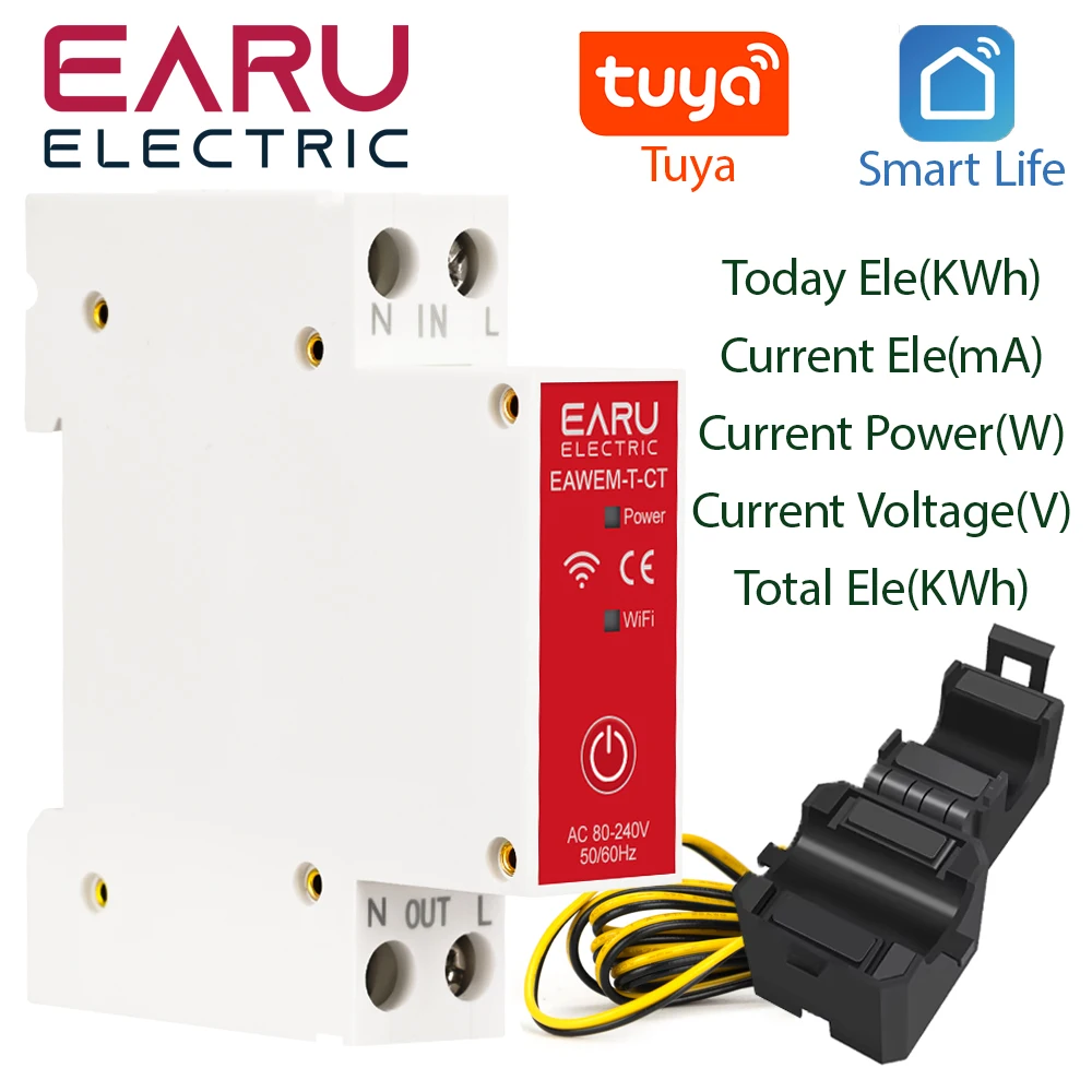 Tuya Smart Life App WiFi Energy Meter AC 110V 230V 63A With Current Transformer Clamp KWh Power Monitor Electricity Statistics