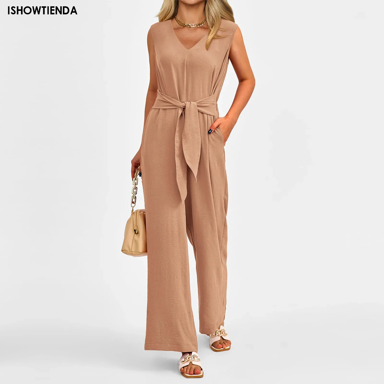 

Fashion Belted Jumpsuits Women Casual Sleeveless Round Neck Draped Long Rompers Summer Streetwear Wide Leg Pant Overalls