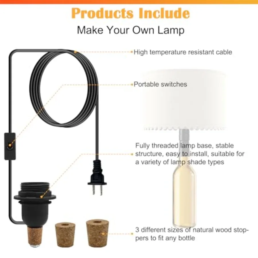 2 Pcs DIY Bottle Lamp, Bottle Lamp Holder Adaptor, Wine Bottle Light Kit, E26/E27 Base, 3 Sizes Stopper Works with Wine Bottle