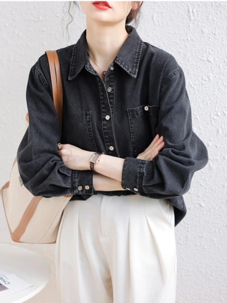 Spring Autumn Black Thin Vintage Denim Women Shirts Streetwear Retro Long Sleeve Loose Jeans Tops Lady Casual Women's Clothing