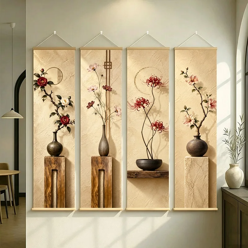 Wall Art Red Spider Lily and Cosmos, Serene Wabi-Sabi Botanical Silver Shimmer Canvas Hanging Scroll for Yoga Studio Decor