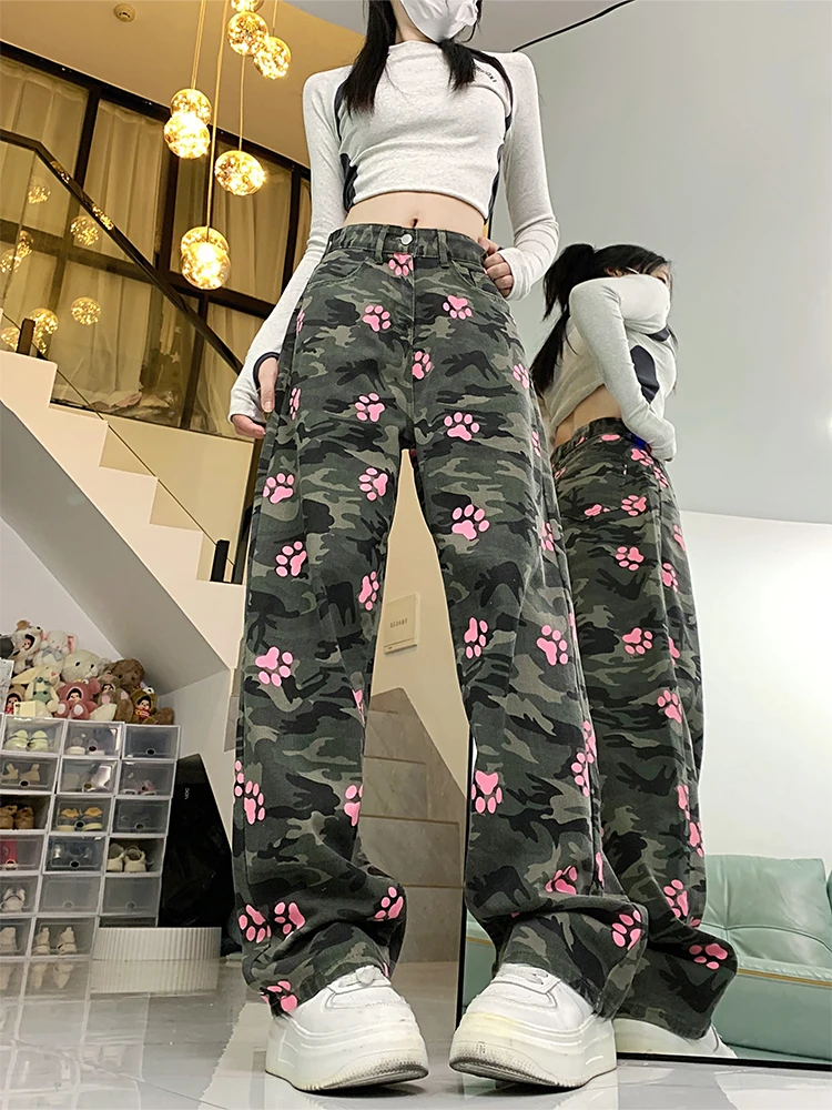 Women's Baggy Jeans Harajuku Aesthetic Y2k Camouflage Print Denim Trousers High Waist Cowboy Pants Vintage 2000s Trashy Clothes