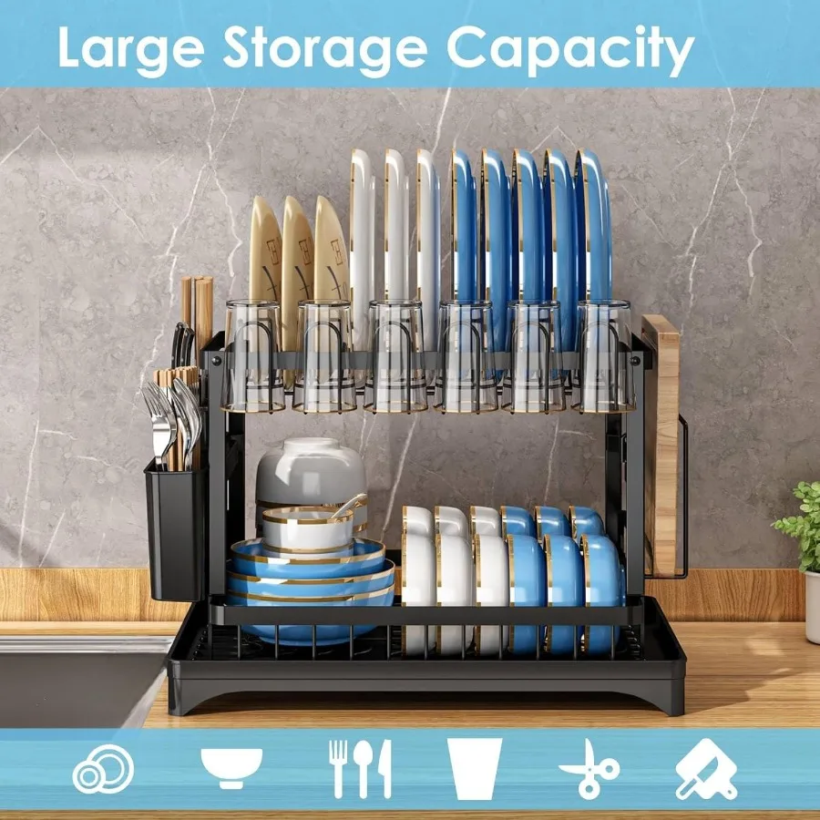 رف تجفيف الأطباق لطاولة المطبخ مكون من طبقتين لتجفيف الأطباق الحديدية مع سلة أدوات مائدة قابلة للإزالة باللون الأسود #5