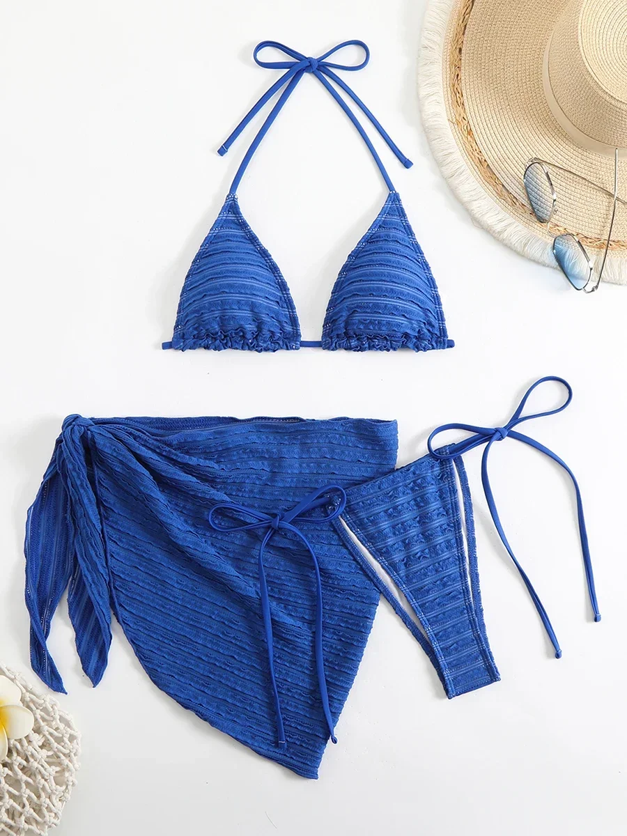 Sexy 3 Pieces Bikini Women Swimsuit 2025 Summer Halter Triangle Swimwear Bottom Bikinis Sets Beach Cover Up Female Bathing Suits