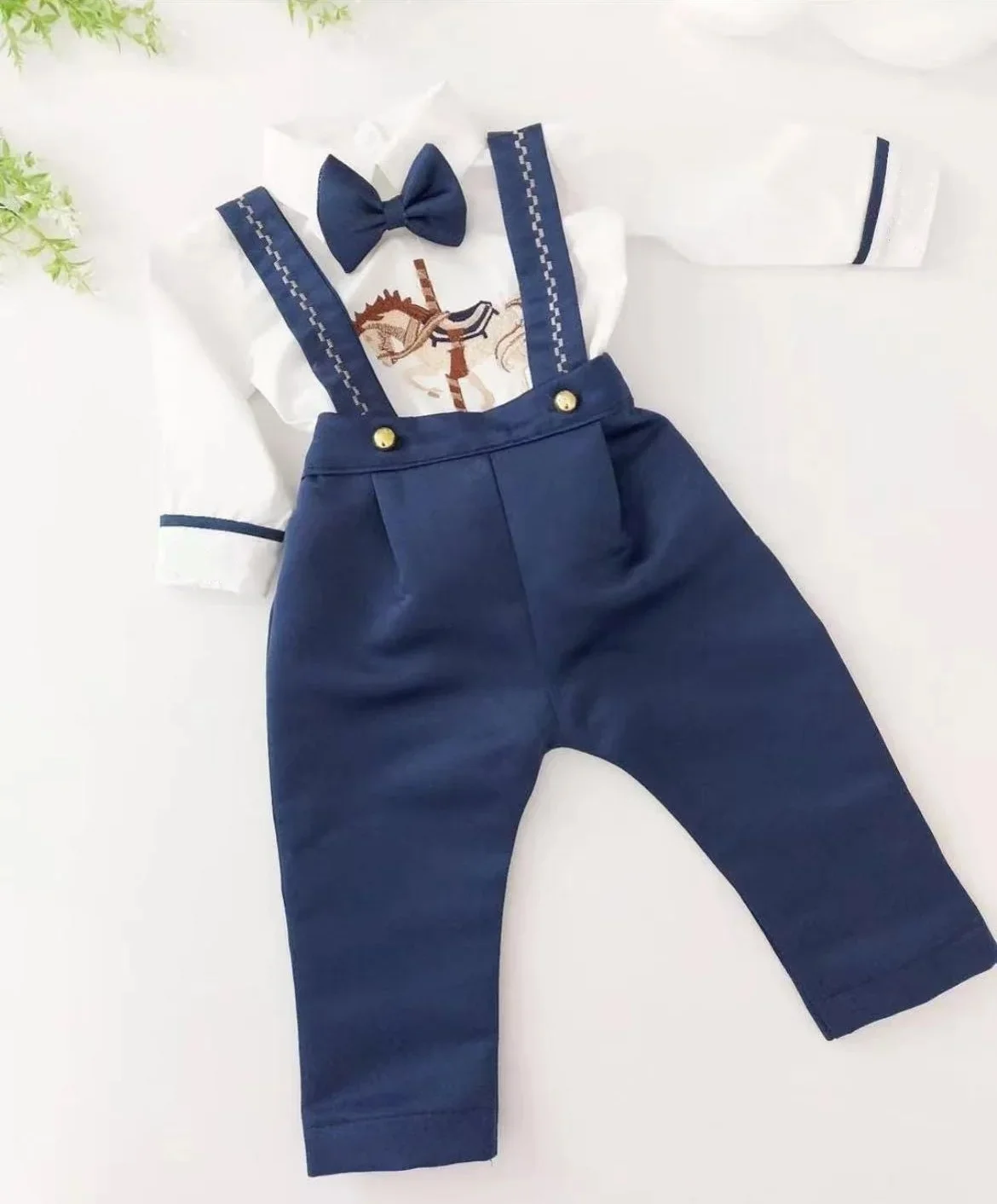 

0-6Y Bay Boy Autumn Horse Embroidery Blue Khaki Navy Blue Outfit Suit for Birthday Photography Holiday Christmas C185
