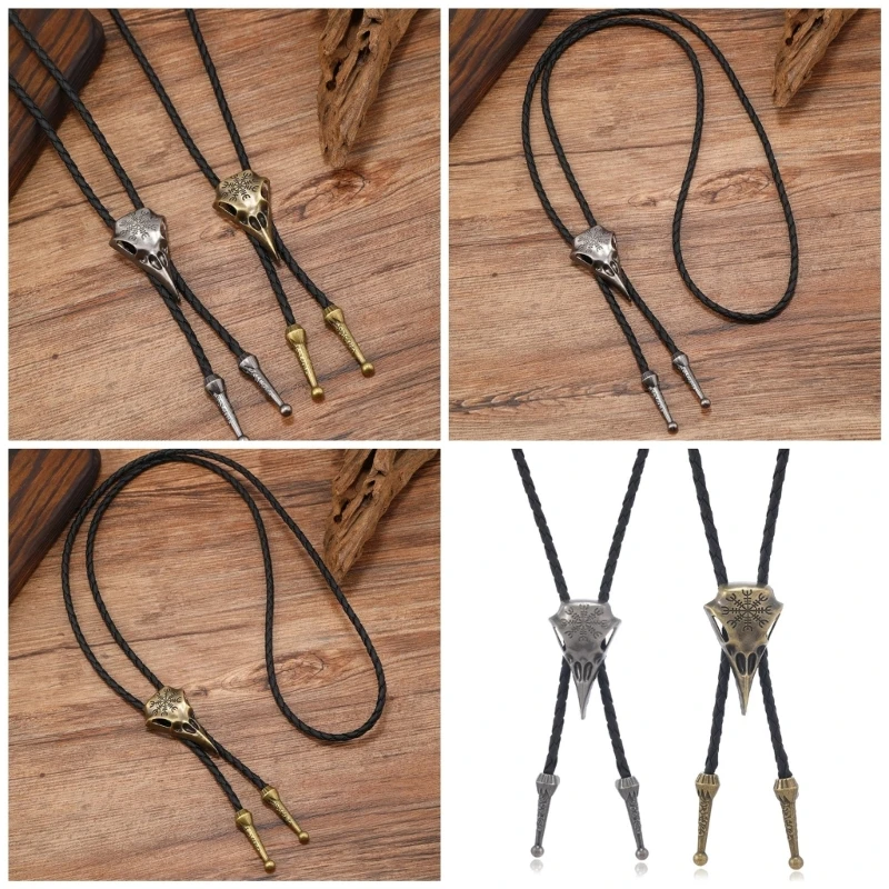 

Metal Northern Symbol Crow Skull Cowboy Bolo Tie Western Artificial Leather Rope Necktie Jewelry Shirt Chain Necklace