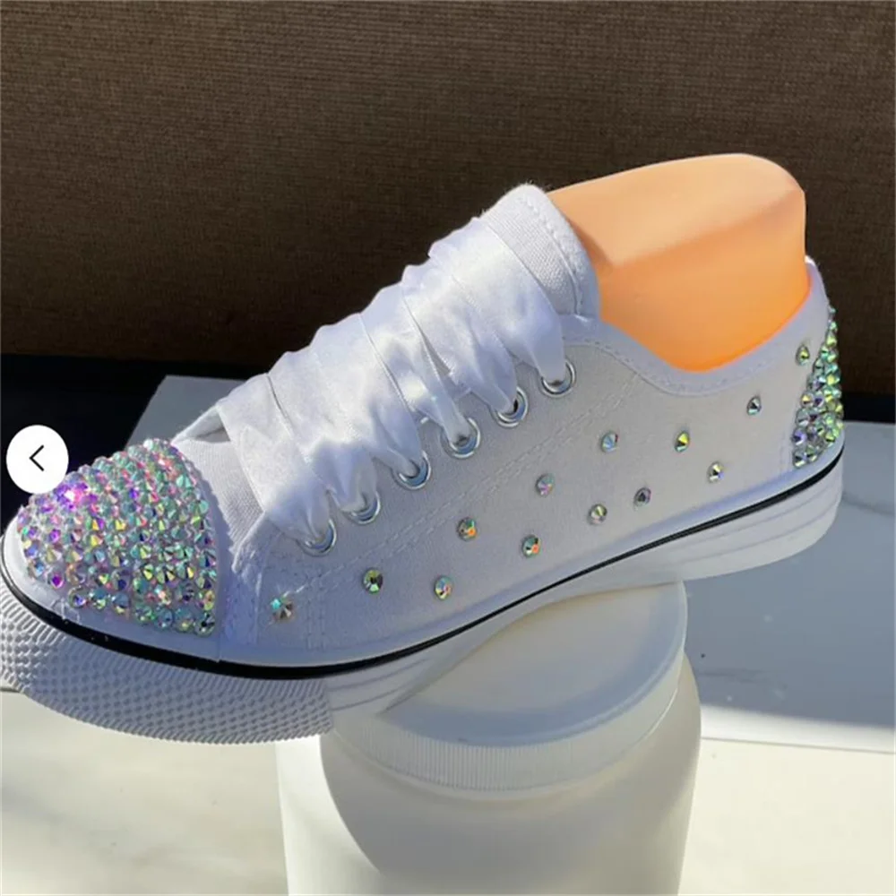 White low-top color rhinestone accessories custom style canvas shoes sports leisure banquet wedding women\'s shoes 35-46