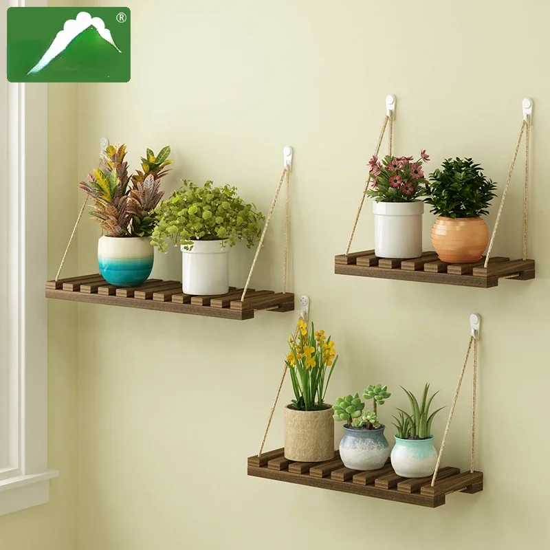 Hanging Flower Shelves Indoor Household Living Room Flower Pots Solid Wood Wall Shelves Balcony Decoration