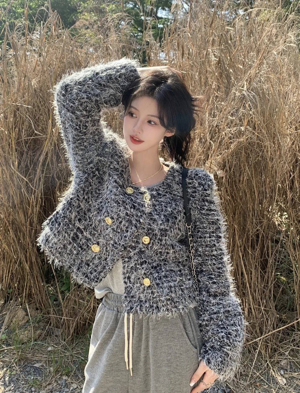 

New Fashion Metal Button Plush Coat Women's Autumn Loose Round Neck Jackets