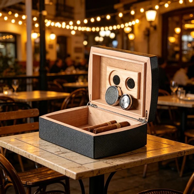 Carbon Fiber Cigar Humidor Holds Up to 30 Cigars 29-57 Ring Gauge with Hygrometer and Humidifier