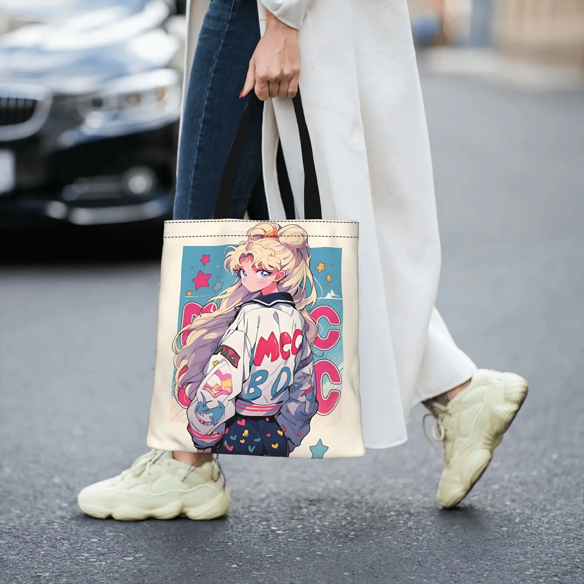 Customized Sailor Moon Women's Bag Shopping Bag Reusable Double Sided Canvas Tote Bag Shoulder  Handbag
